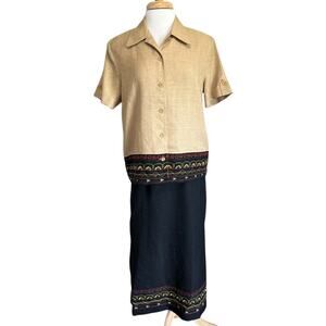 Alfred Dunner sz 12/14 Skirt Set Gold Black Embroidered Maxi Button Down Boho
